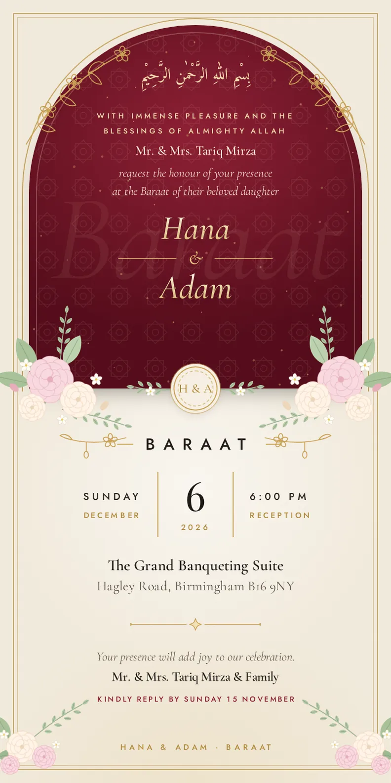 A Baraat invitation in English: Hana and Adam, Sunday 6 December 2026, The Grand Banqueting Suite, Birmingham